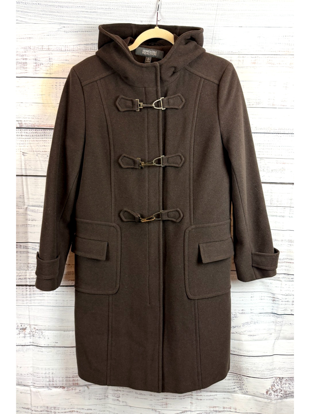 KENNETH COLE women brown wool blend hooded toggle button duffle coat size 14